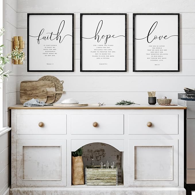 Houmury Set of 3 Framed Farmhouse Bible Verses Wall Decor Sign 11”x14” Christian Faith Scripture Wall Art for Home Bedroom Wall Decor (11"x14" Black)