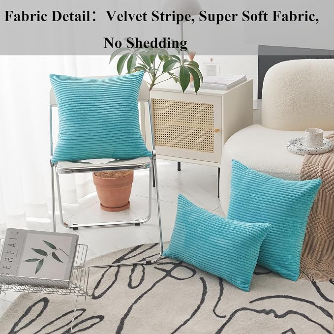 Home Brilliant Teal Pillow Cover 24x24 Large Striped Corduroy Plush Texture Velvet Euro Throw Pillow Sham Pillow Cover for Chair, 24 x 24 inch (60cm)