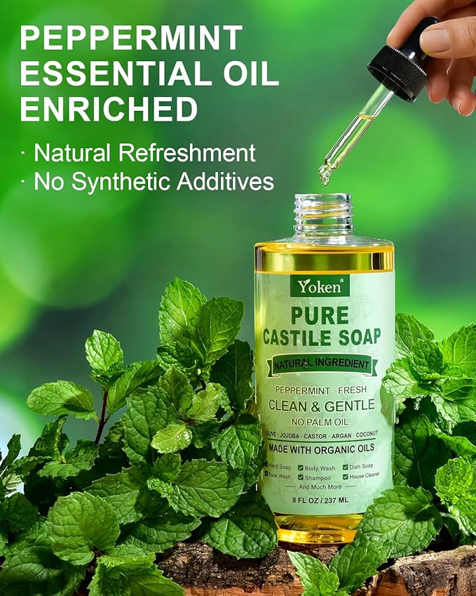 Peppermint Castile Soap Liquid 8 OZ, Made with Certified Organic Oils, Gentle Peppermint Soap for Body Wash, Face, Hands, Dishes, Laundry & More - Vegan & Natural Ingredients Versatile Cleanser