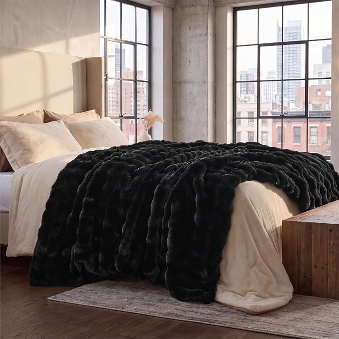 Bedsure GentleSoft Bubble Faux Fur King Size Blanket for Bed, Fluffy Fuzzy King Blanket for Winter, Soft Cozy Faux Fur Bedding Thick Warm Plush Decor for Bedroom, Black, 104x90