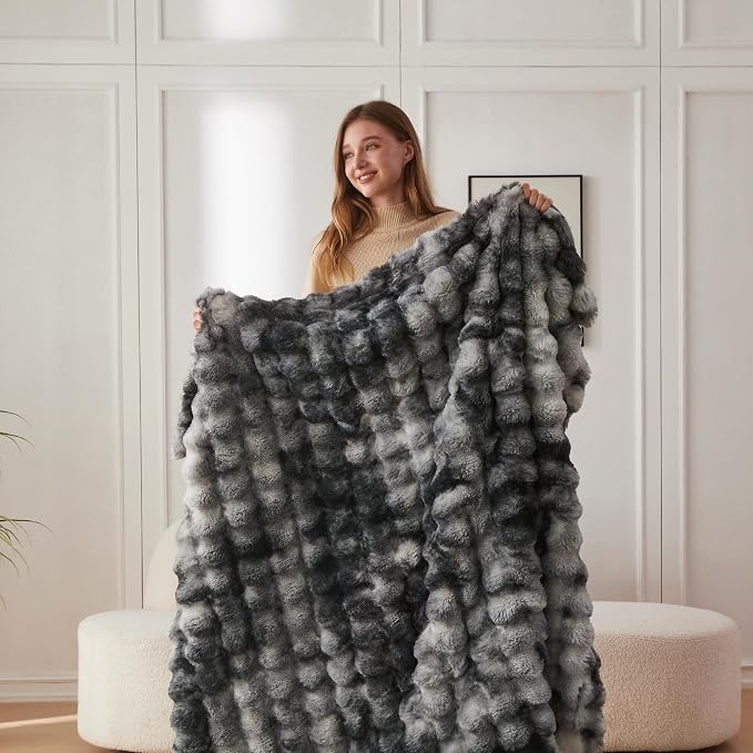 COOVA Faux Fur Throw Blanket for Couch, Cozy Soft and Fuzzy Plush Rabbit Fur Bubble Blanket for Sofa Bedroom Living Room, 50x60 Inches Tie Dye Light Grey