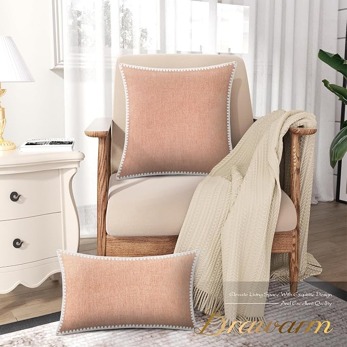 BRAWARM Chenille Throw Pillow Covers 16x16 Inches, Dusty Pink, 2 Pack | Decorative Pillow Covers with Shell Edge, Soft Cushion Cases for Sofa Bed Living Room Home Farmhouse (No Insert)