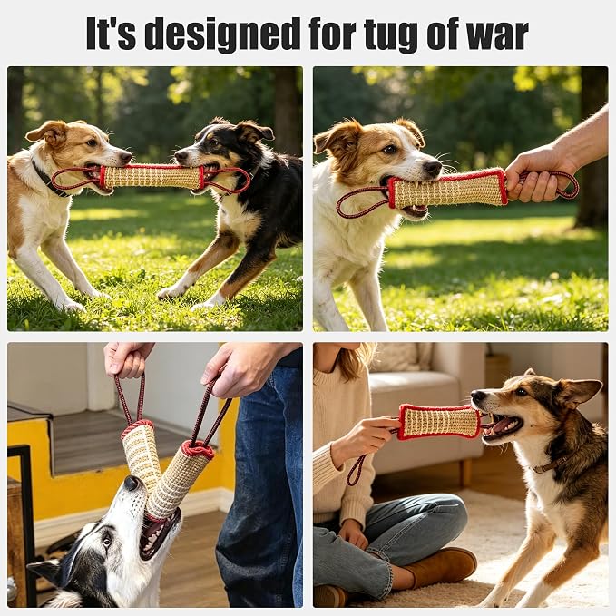 Tug Toy with 2 Strong Handles, Durable Pillow Pull Toy for Aggressive Chewers, Interactive Bite Training Tug of War Toy for Puppies and Medium to Large Dogs (Red-Edged Hemp Rope)