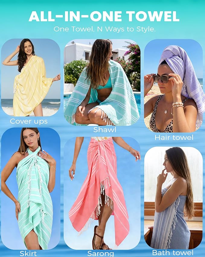 2 Packs Cotton Turkish Beach Towels Quick Dry Sand Free Soft Absorbent Extra Large Xl Big Blanket Adult Oversized Bath Pool Swim Towel Set Bulk Multipack Lightweight Thin Sandless Fast Drying Compact