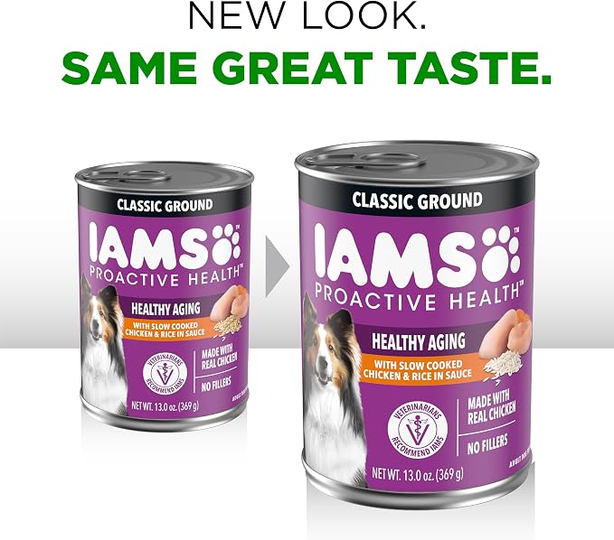 IAMS Proactive Health Senior Ground Wet Dog Food, Chicken, 13 oz, 12 Pack | Real chicken first ingredient, DHA Gold for mental & visual sharpness, glucosamine & chondroitin, boosts immune response