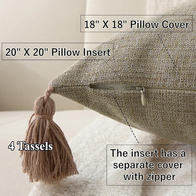 Decorative Throw Pillow with Tassels, 18x18 Farmhouse Pillows with Inserts, Square Boho Pillow for Couch, Patio, Bed, Sofa Decor (Light Linen, 18" x 18"(Pack of 2))