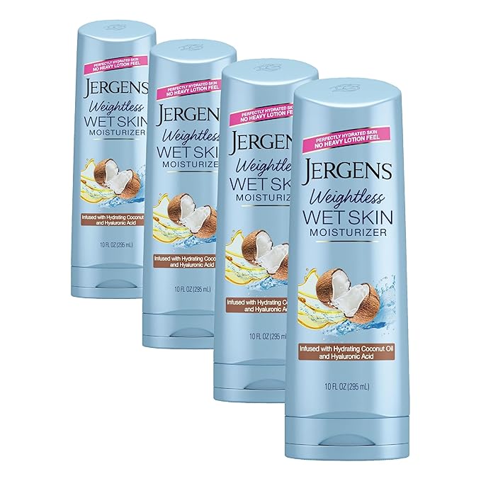 Jergens Wet Skin Body Lotion with Coconut Oil, In Shower Lotion for Dry Skin, Fast-Absorbing, Non-Sticky, Dermatologist Tested, 10 Ounce (Pack of 4)