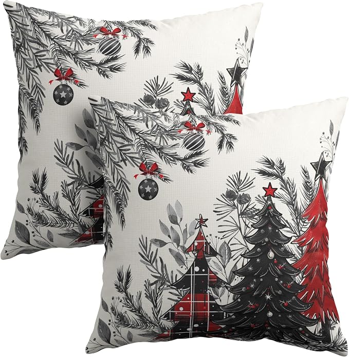Kawani Vintage Christmas Trees Pillow Covers 22x22 Inches, 2 Pcs Red Black Xmas Plaid Tree and Bells Square Pillowcase Cotton Linen Cushion Case for for Home Home Party Sofa Decoration