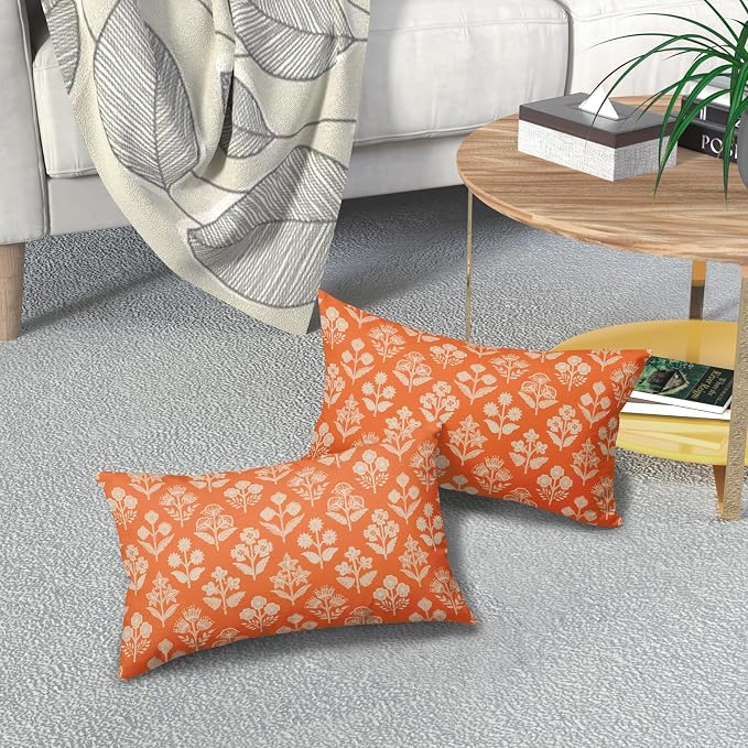 Orange Pillow Covers 12x20 Inch Set of 2, Cream Floral Block Print Pattern Lumbar Decorative Throw Pillowcases Outdoor Farmhouse Rectangle Cushion Covers Spring Summer Sofa Couch Bed Decor