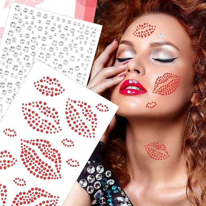 6 Sheets Red Face Gems Self-Adhesive Face Jewels, Red Face Glitter Lip Hair Gems, Festival Kiss Stickers for Makeup, Eye, Hair, Body, Rave Accessories