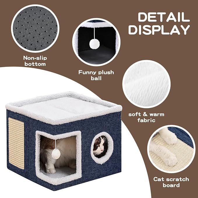 Large Cat Houses for Indoor Cats with Fluffy Ball and Scratch Pad | Foldable Cat Bed Cave for Multiple Pets, Kitten Bed for All Seasons, Non-slip, Hold Up to 30LBS, 16x16x13inch, Blue