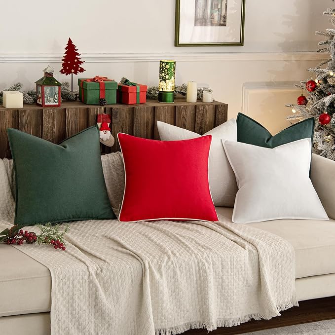 MIULEE Pack of 2 Christmas Linen Pillow Covers 18x18 Inch Dark Green | Boho Farmhouse Modern Accent Throw Pillows, Soft Neutral Cushion Covers, Home Decor for Sofa Couch Bed Living Room