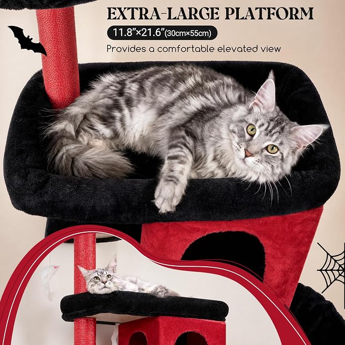 Globlazer Heavy Duty Gothic Cat Tree, 72in Large Cat Tower with Coffin Bed, Sturdy Maine Coon Cat Tree for Large Cats 20 lbs+, Medieval Castle Style with 6 Scratching Posts & Hammock, S72, Black & Red