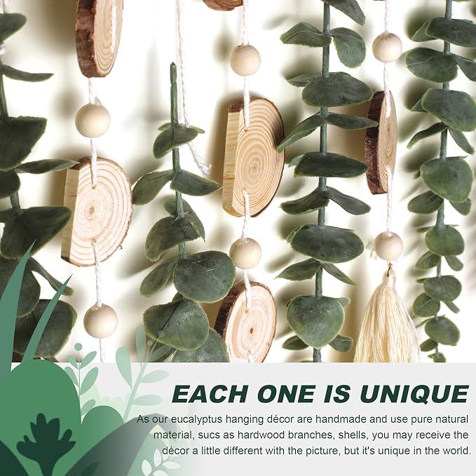 Artificial Eucalyptus Wall Decor Fake Greenery Leaves Stems Wall Hanging Plants on 16.5 inch Wooden Stick Boho Rustic Farmhouse Decor for Bedroom Kitchen Dining Room Bathroom