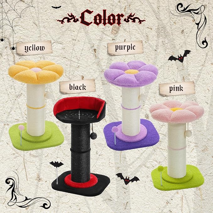PEQULTI Gothic Cat Scratching Post, Super Thick 5.5in Sisal Post, Black | Small cat & kitten scratcher: removable cat bed, sisal + spring ball, enlarged double base; Gothic black cat tree