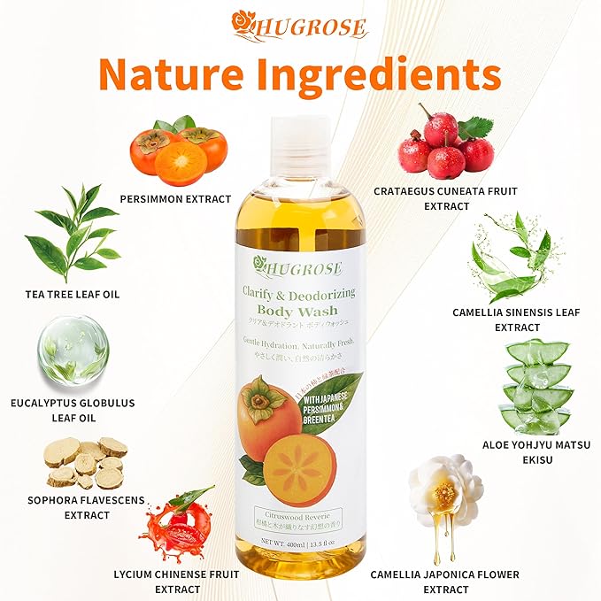 Persimmon Body Wash with Japanese-Grown Persimmon Extract, Citrus-Woody Scent, Ideal for Sensitive Skin, Large Volume 13.5 oz, Bath Gel for All Ages & Skin Types