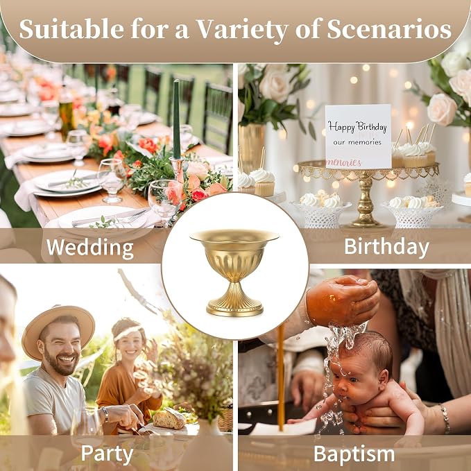 Sziqiqi Gold Metal Urn Compote Vase, Flower Wedding Centerpieces, 2Pcs | 10.6in Tall, Golden Floral Centerpiece Pedestal Bowl Vases, Flower Arrangements for Wedding, Party, Birthday, Event