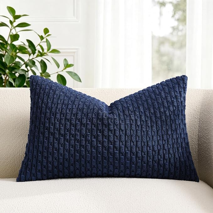 Kevin Textile Soft Corduroy 14"x24" Lumbar Pillow Cover 1 Pack, Navy Blue | Boho Stripe Plush Corduroy Decorative Oblong Cushion Cover Modern Farmhouse Home Decor for Sofa Couch Bed Chair