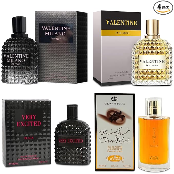 A CENTER Men's Cologne Gift Set Include Valentine Milano,Valentine,Choco Musk & Very Excited - 3.4 Fl Oz Each | Vanilla Bourbon, Leather & Amber Floral Fragrance | Luxury Eau de Toilette