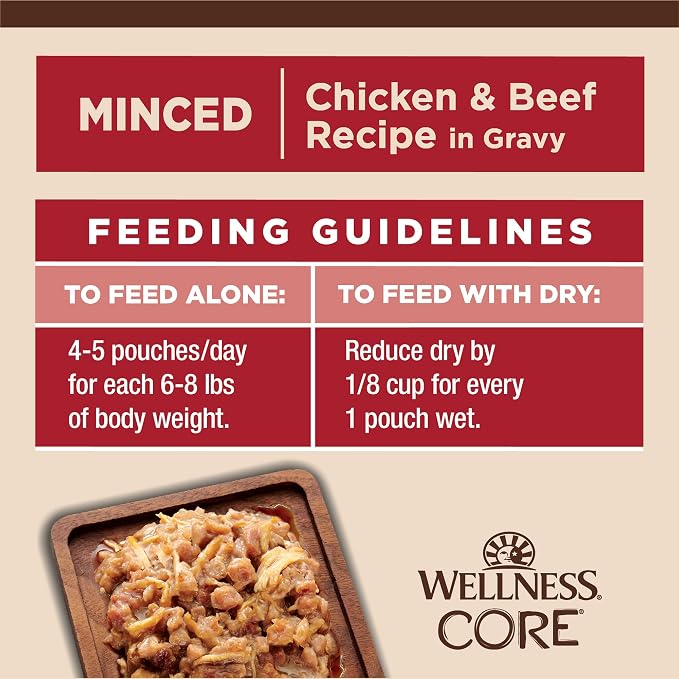 Wellness CORE Tiny Tasters Minced Adult Wet Cat Food, Natural, Protein Rich, Grain Free, Chicken and Beef Recipe, 1.75 oz, Pack of 12 Pouches