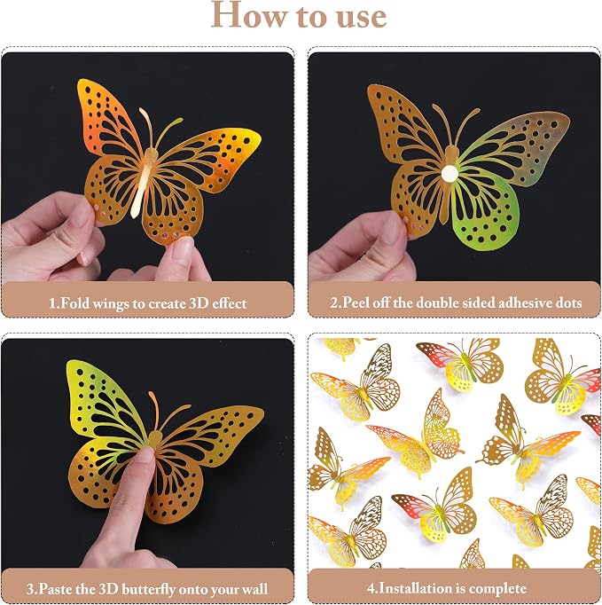 SAOROPEB 3D Butterfly Wall Decor 48 Pcs Laser Gold Butterfly Decorations | 4 Styles 3 Sizes, Birthday Decorations Butterfly Party Decorations&Butterfly Cake Decorations-Removable Gold Butterfly
