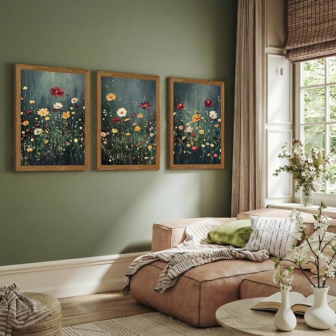 Urmoya 3 Pieces Moody Wildflower Dark Academia Floral Wall Art, 16x24 in | Vintage nature floral landscape wall decor, Wood framed, Ready to hang, Canvas art prints, over sofa, Bedroom, Office