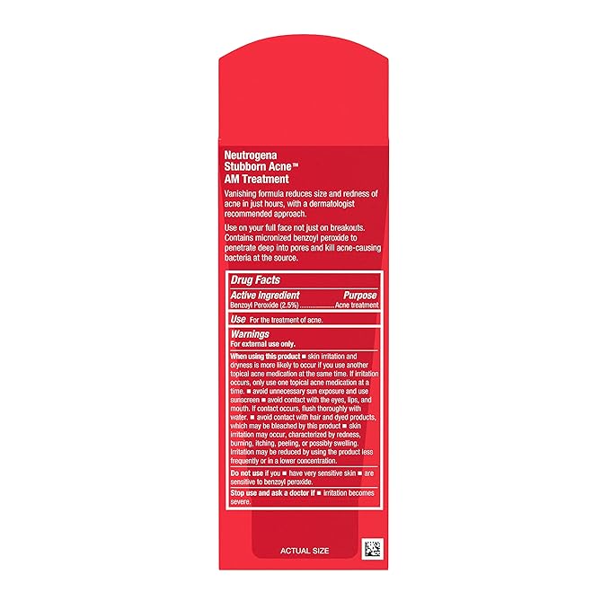Neutrogena Stubborn Acne AM Face Treatment with 2.5% Micronized Benzoyl Peroxide Acne Medication, Oil-Free Daily Facial Treatment Reduces Size & Redness of Breakouts, Paraben-Free, 2.0 oz | 2.5%, Acne Medication, Oil-Free, Paraben-Free