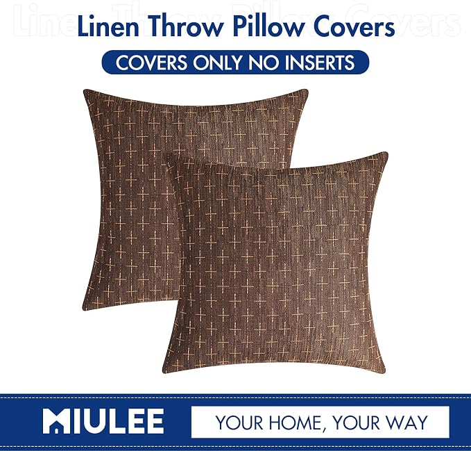 MIULEE Pack of 2 Decorative Vintage Burlap Linen Brown Throw Pillow Covers Modern Farmhouse Pillowcases Rustic Woven Textured Cushion Cover for Sofa Couch Bed 18x18 Inch Dark Coffee