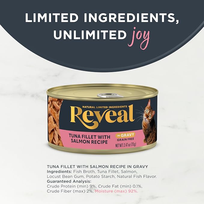 Reveal - Grain Free | Wet Canned Cat Food | 2.47oz - 24 Pack - Premium Nutrition, 100% Natural, No Additives, and Limited Ingredients (Tuna with Salmon in Gravy) | 100% Natural, High Quality Protein, Limited Ingredient, Grain Free, Complementary Food, ...