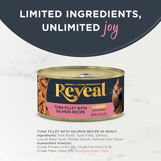 Reveal - Grain Free | Wet Canned Cat Food | 2.47oz - Premium Nutrition,100% Natural,No Additives,and Limited Ingredients (Tuna with Salmon in Gravy),(Pack of 48)