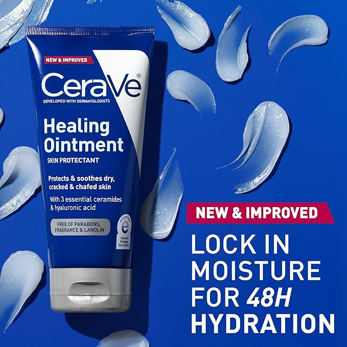CeraVe Healing Ointment, Hydrating Skin Protectant With Petrolatum, Hyaluronic Acid & Ceramides, Face & Body Skin Barrier Repair For Cracked, Chafed, Dry Skin, Fragrance Free & Lanolin Free, 3 Oz