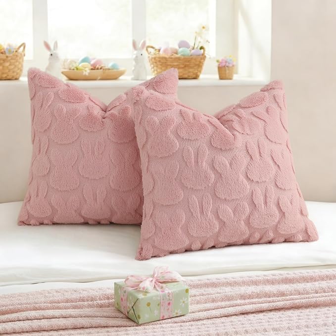 decorUhome Pink Faux Fur Bunny Throw Pillow Covers 16x16 Set of 2 | Plush Soft Wool Jacquard Pink Rabbit Cushion Covers, Modern Farmhouse Easter Holiday Decor PillowCases for Sofa Bed