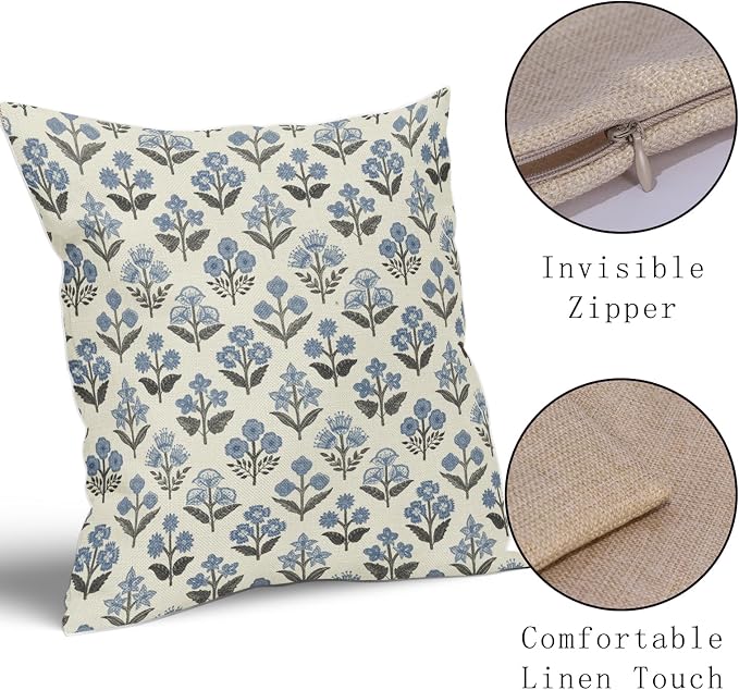 Black Blue Floral Block Print Pillow Covers 22x22 Inch Set of 2, Vintage Flower Pattern Spring Summer Decorative Throw Pillowcases Outdoor Rustic Farmhouse Cushion Covers Seasonal Sofa Couch Bed Decor