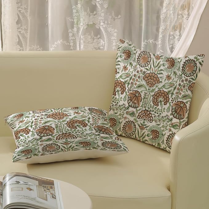 Block Print Pillow Covers 18x18 Inch Pack of 2 Boho Brown Green Floral Decor Throw Pillow Covers Spring Summer Flower Pillowcase Outdoor Farmhouse Decorative Cushion Cover for Couch Sofa