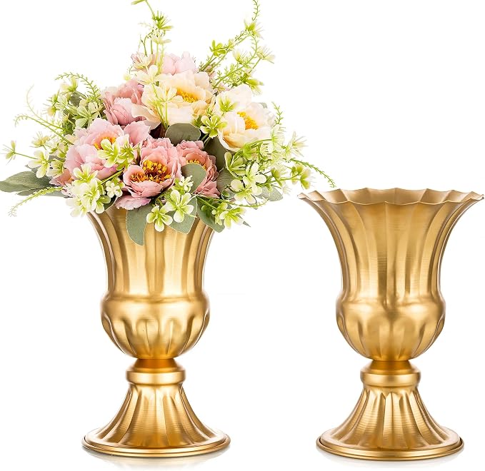 Sziqiqi Gold Metal Vase for Centerpiece, Table Flower Arrangements, 2Pcs | 9in Tall Compote Vase, Trumpet Urn Vase for Decoration, Planter Pot for Artificial Flower, For Reception, Home, Party Decor
