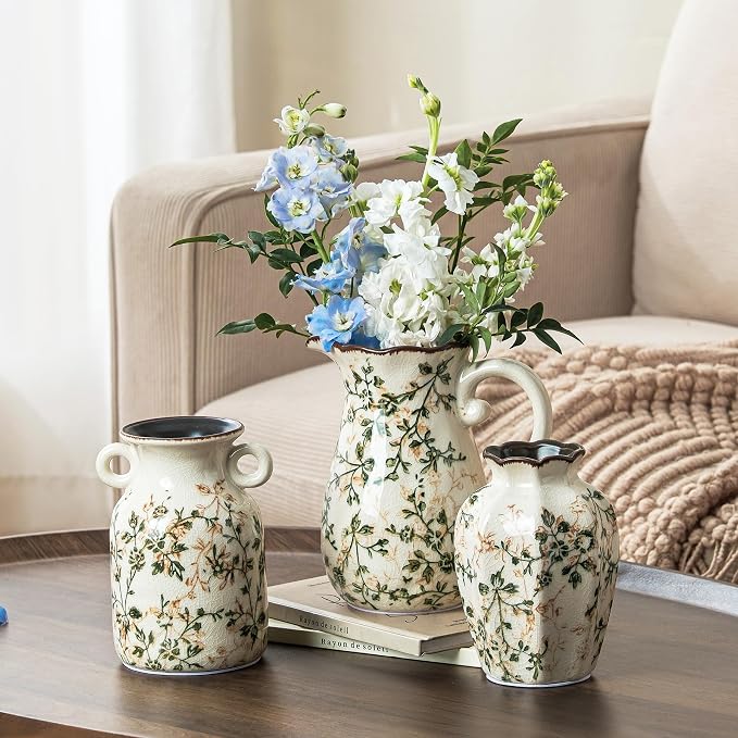 Ceramic Flower Vase Set for Home Decor, Vintage Green Vase (6+6+7 Inch) | Rustic Farmhouse Floral Vase for Kitchen, Bookshelf, Living Room, Coffee Table, Mantel, Entryway, Wedding Centerpiece