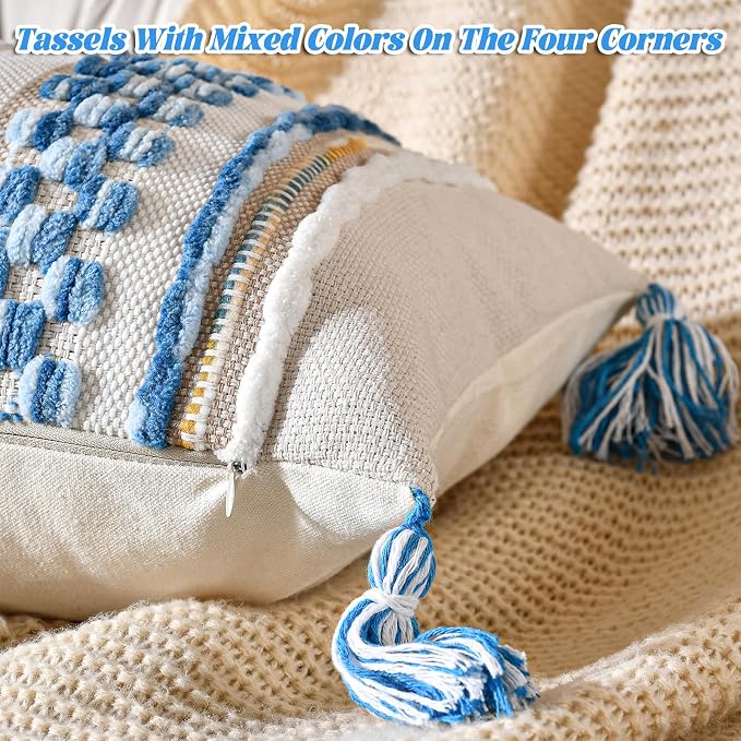Chenille Striped Textured Boho Throw Pillow Covers Aesthetic with Tassels Woven Decorative Pillow Case for Couch Bed Sofa Bedroom Modern Funky 14 x 36-Inch Sky Blue