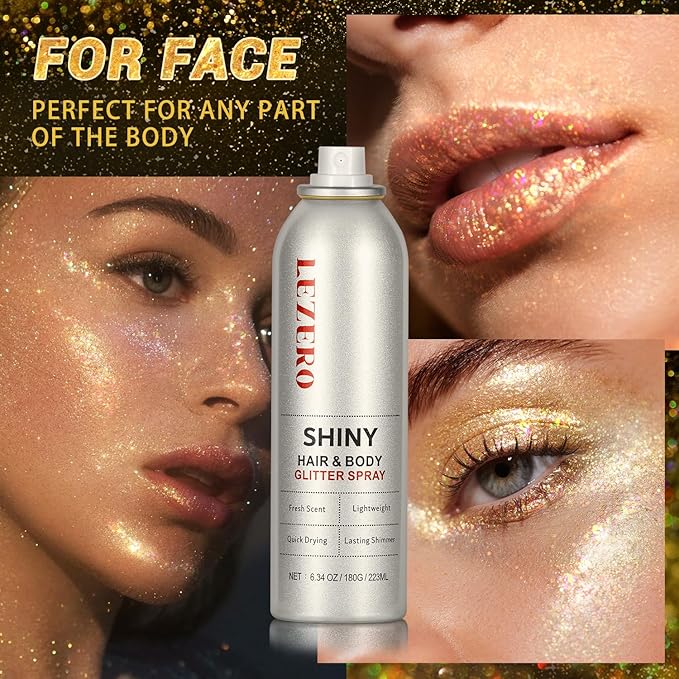 Hair and Body Glitter Spray for Women Kids, 6.34OZ Large Capacity Original Temporary Shimmery Glitter Spray for Festival Rave Outfits Accessories, Singer Concert, Wedding Season, Dazzle Gold