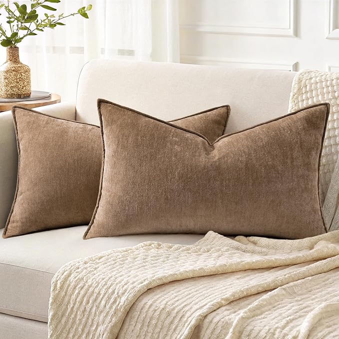 decorUhome Chenille Brown Velvet Throw Pillow Covers 12x20 Set of 2 | Fall Soft Lumbar Couch Decorative Modern Farmhouse Pillow Cases with Elegant Design for Sofa Bed Living Room Home Decor