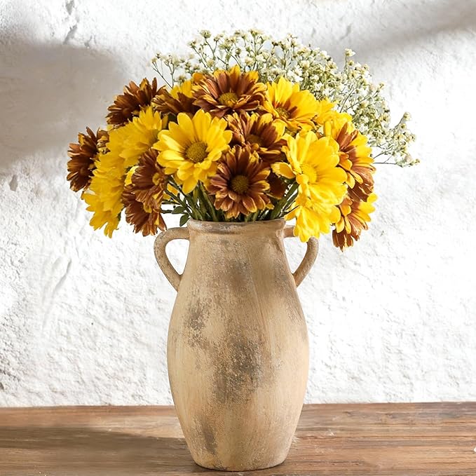 Large Ceramic Vase, 11.3 Inch Tall Farmhouse Vase with 2 Handles | Terracotta Decorative Vase Brings Rustic Charm to Living Room, Entryway, Table Decor and Home Decor, Perfect for Flowers