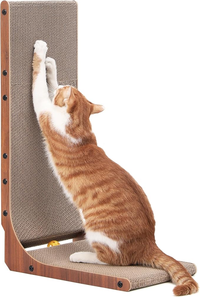 FUKUMARU Cat Scratcher for Indoor Cats, 26.8 Inch Cat Scratch Pad L Shaped | Cardboard Cat Scratcher, Vertical Cat Scratching Board with Ball Toy, Walnut Color, 1 Pack