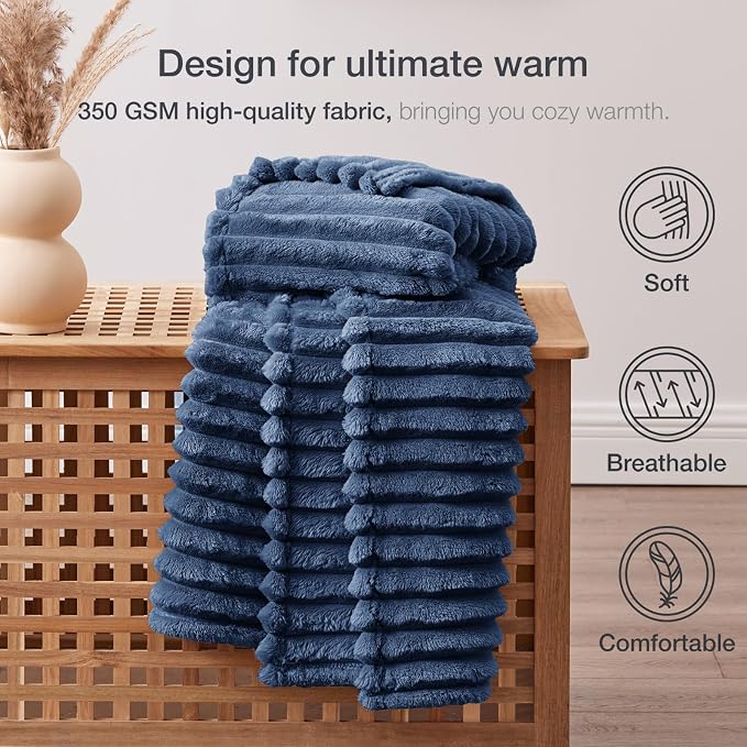 EXQ Home Fleece Blanket Twin Size for Couch or Bed - 3D Stripe Jacquard Decorative Blankets - Cozy Soft Lightweight Fuzzy Flannel Blanket Suitable for All Seasons(60"×80",Dark Blue)