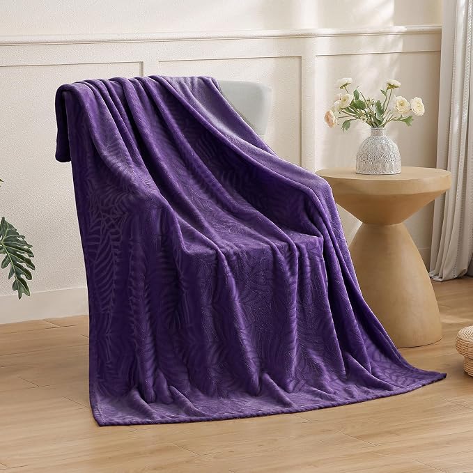 Super Soft Flannel Fleece Throw Blanket, 50 x 60 Inches, Aubergine | Lightweight Cozy Warm Leaves Textured Plush Blanket for Bed Couch Sofa