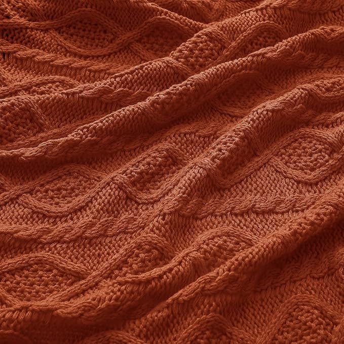 Homiest Rust Cable Knit Throw Blanket Set of 3, with 2 Pillow Covers | Pure Acrylic, Lightweight & Breathable, All-Season Use, Machine Washable, Wrinkle & Fade Resistant, for Couch Bed And Sofa