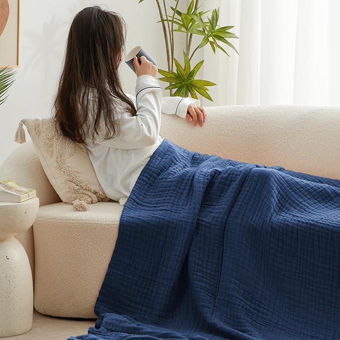 Love's cabin 100% Cotton Muslin Blanket, 6 Layer Lightweight Breathable Gauze King Size Blanket 108 x 90 Inches, Soft Summer Blanket for Bed, Dark Blue