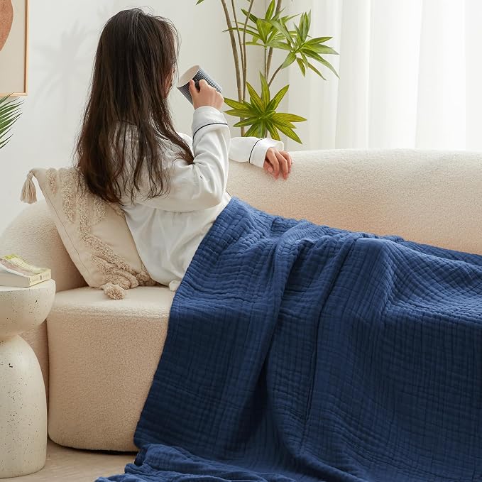 Love's cabin 100% Cotton Muslin Blanket, 6 Layer Lightweight Breathable Gauze Queen Size Blanket 90 x 90 Inches, Soft All Season Blanket for Bed, Dark Blue