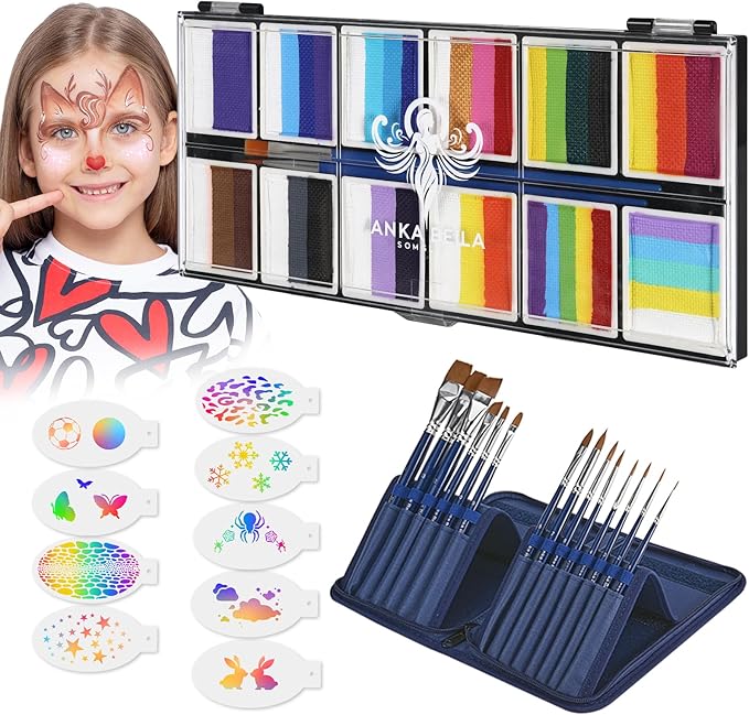 Anka Bella Professional Face Painting Kit for Kids,12X10gm Water Based Split Cake Face Paint with Stencil & Brushes,Hypoallergenic & Non-Toxic,Gift for Birthday Parties/Halloween/Carnival