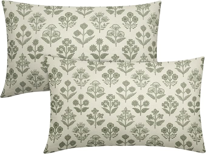Sage Green Floral Pillow Covers 12x20 Inch Set of 2, Block Print Lumbar Flower Cream Decorative Throw Pillowcases Outdoor Farmhouse Rectangle Cushion Covers Spring Summer Sofa Couch Bed Decor
