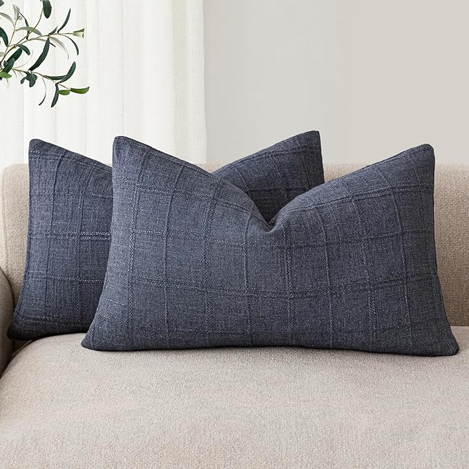 Foindtower Set of 2 Decorative Linen Check Throw Pillow Covers Neutral Farmhouse Lumbar Cushion Covers Modern Boho Home Decor for Sofa Chair Couch Bedroom Living Room,12×20 Inch,Navy Blue
