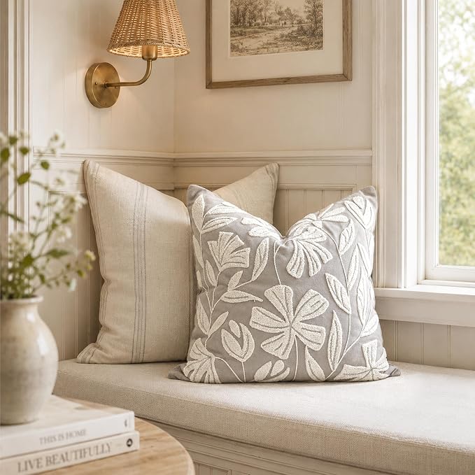 Throw Pillow Cover 20x20 Inch, Light Gray Floral Tufted Velvet Decorative Accent Pillow Case for Sofa Bed Living Room, Cover Only